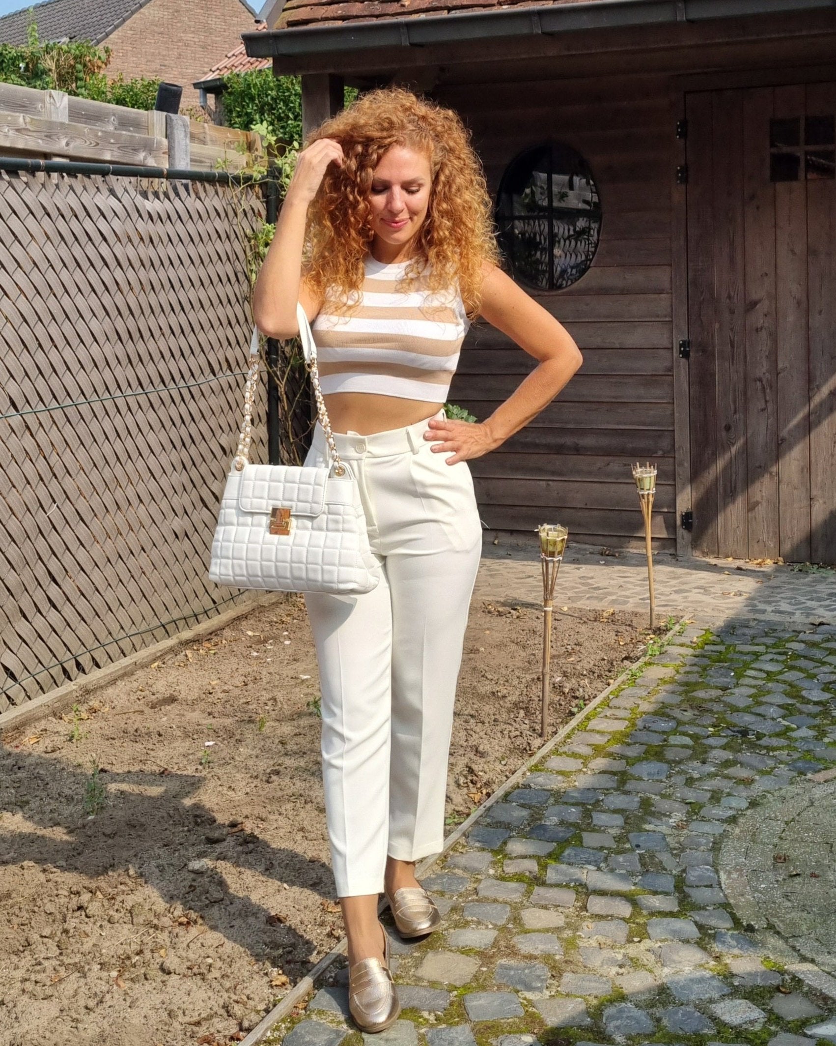 White/beige striped crop top