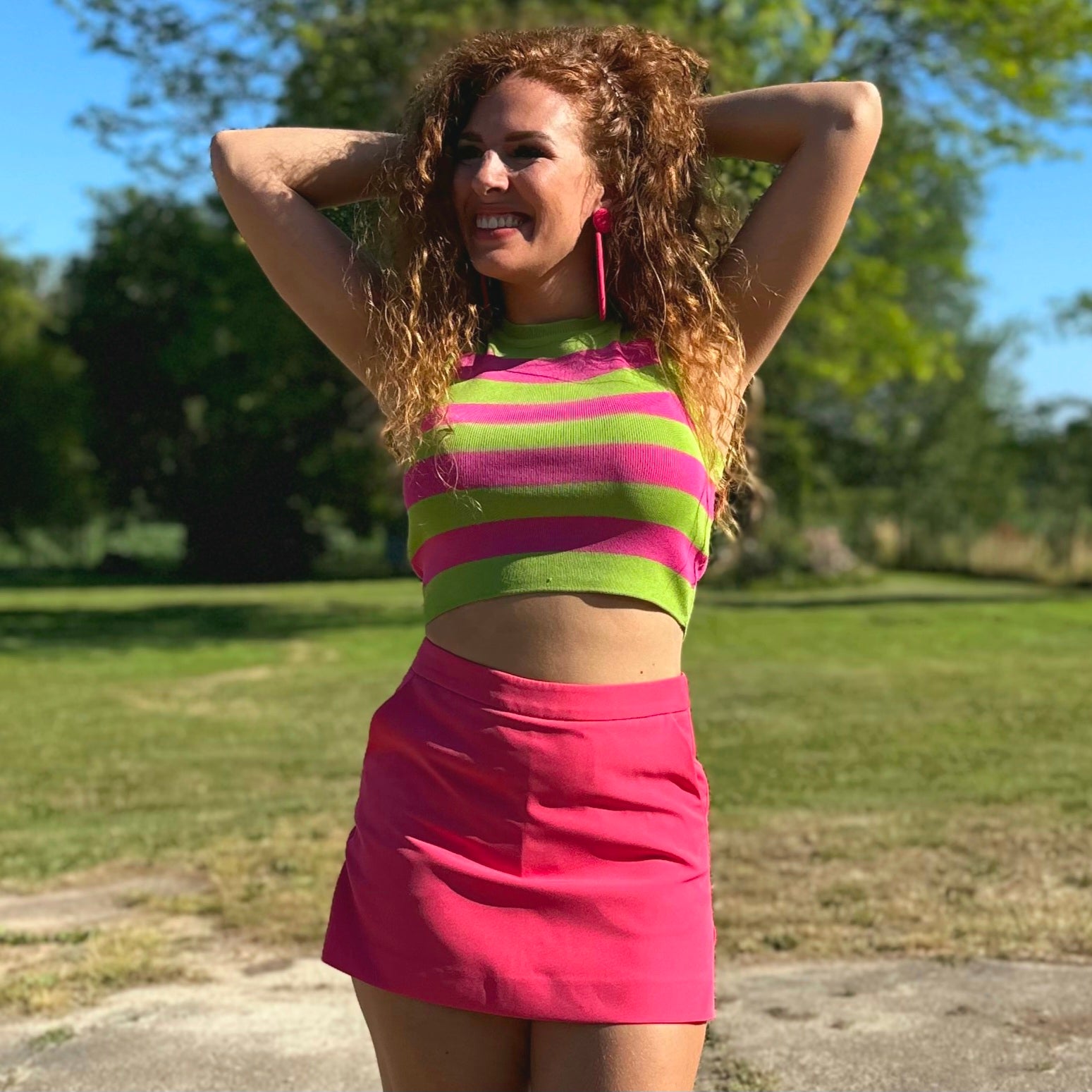 Summer fuchsia green striped crop top