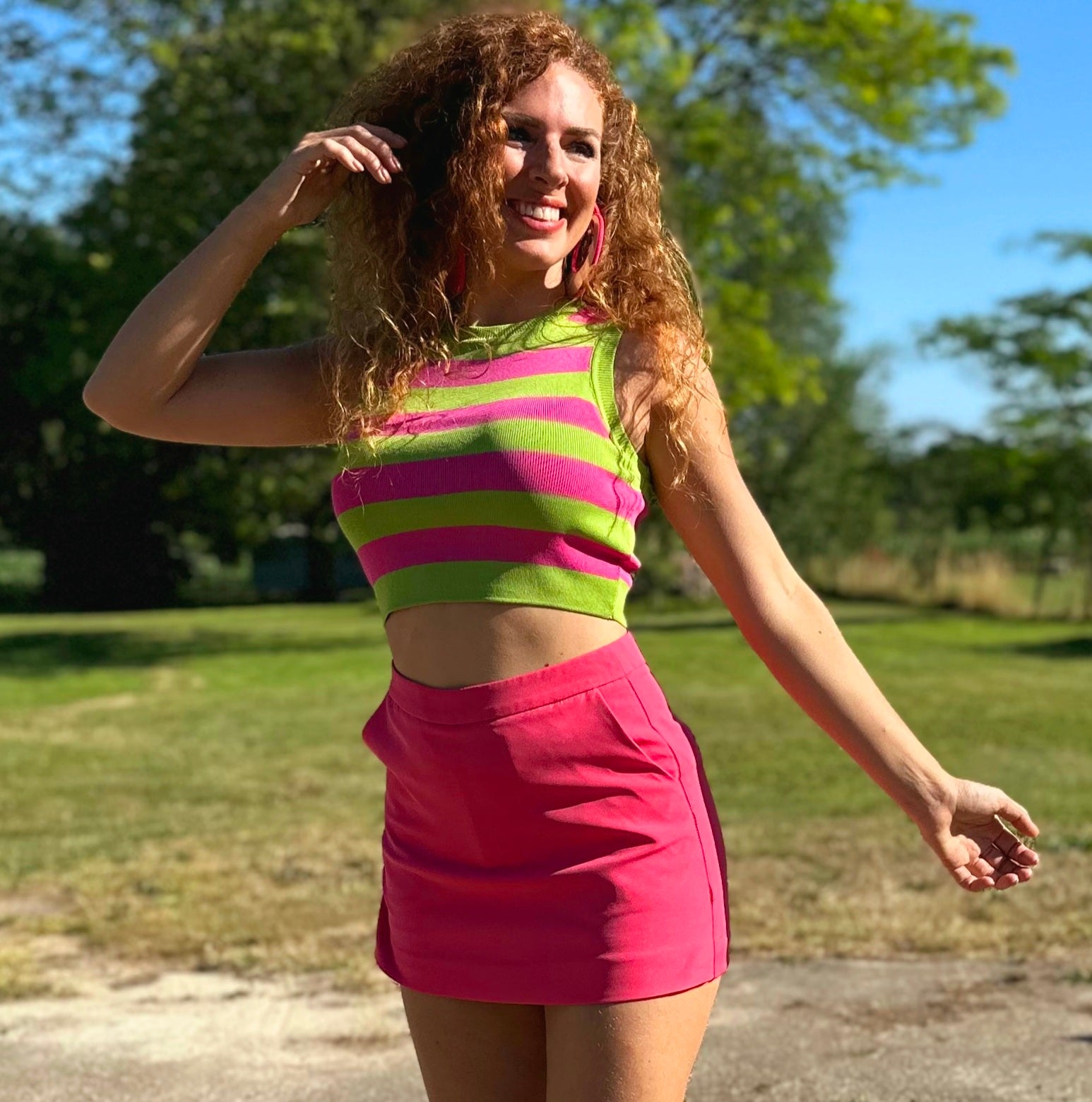 Summer fuchsia green striped crop top