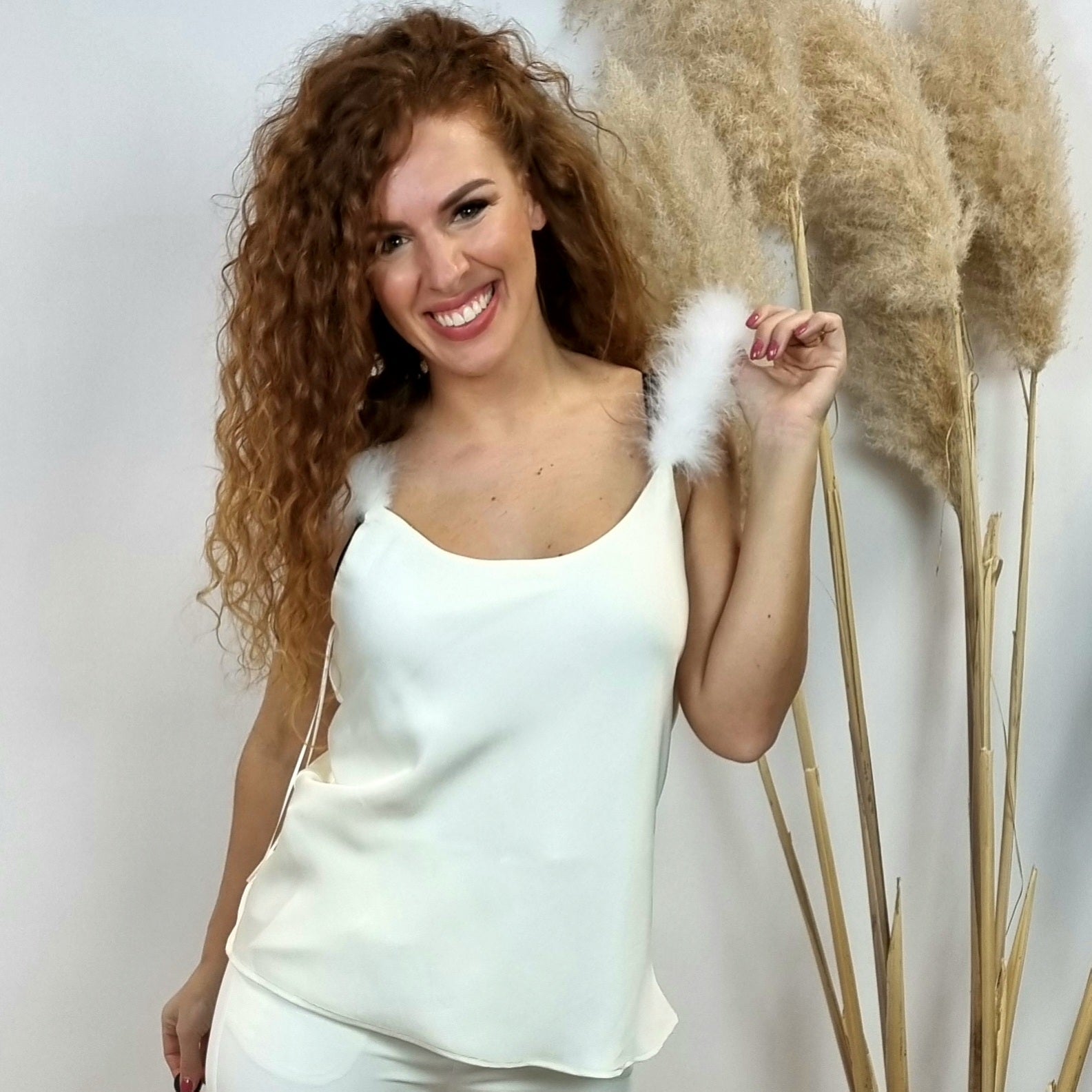 Silk look white top with feathers